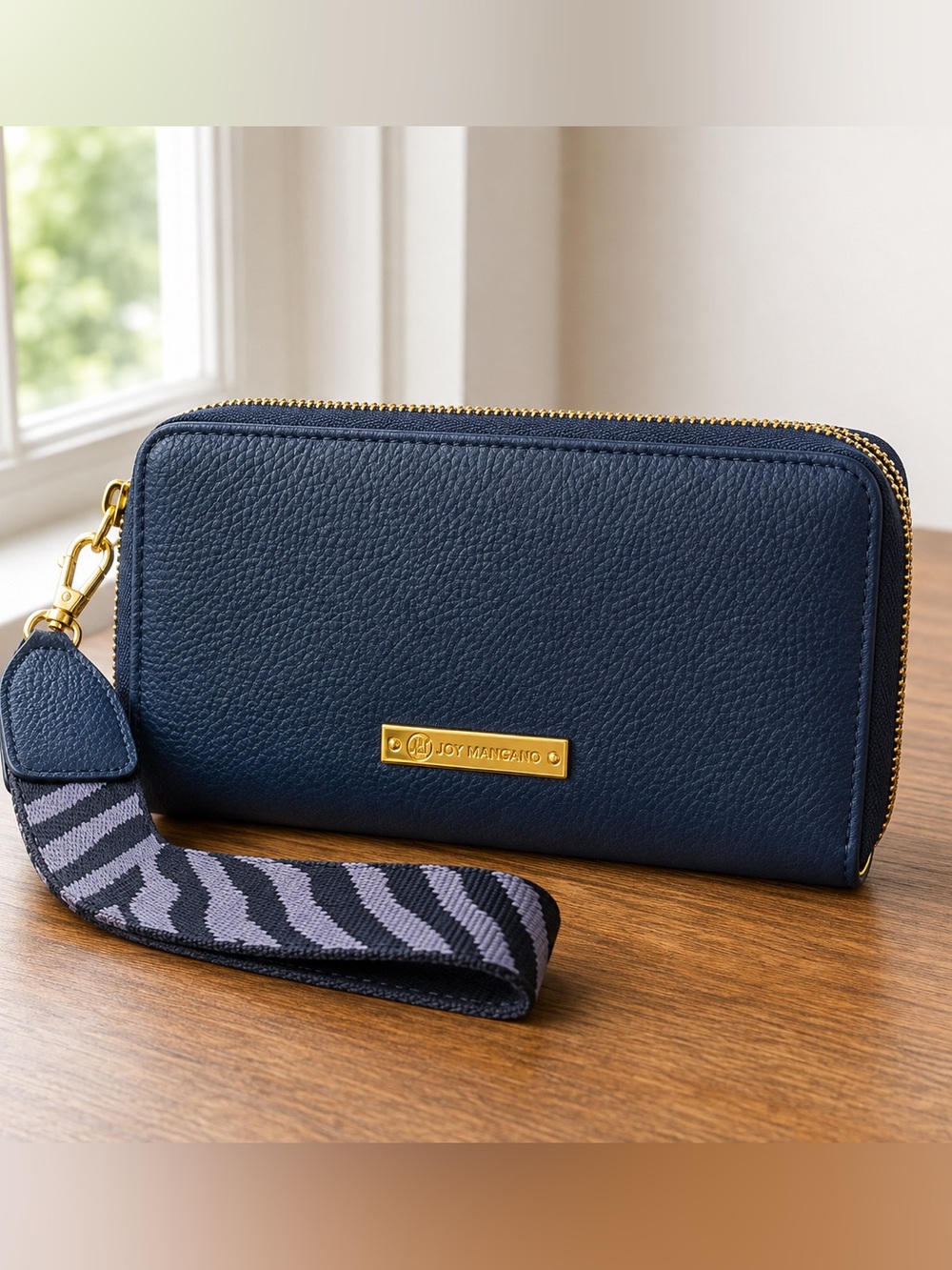 Leather Joy Mangano Navy Blue Zip Around Wristlet Wallet Zebra Strap Gol